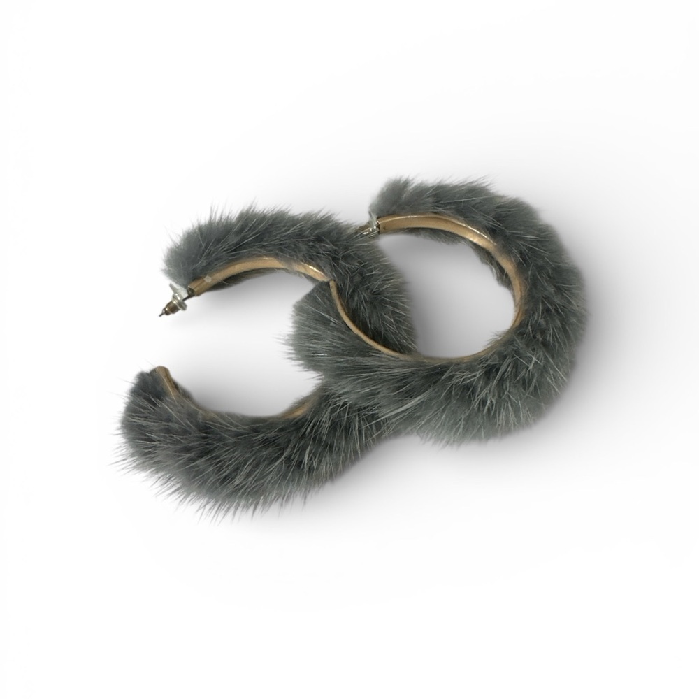 Rabbit Fur Gray Hoop Earrings - Picture 5 of 5